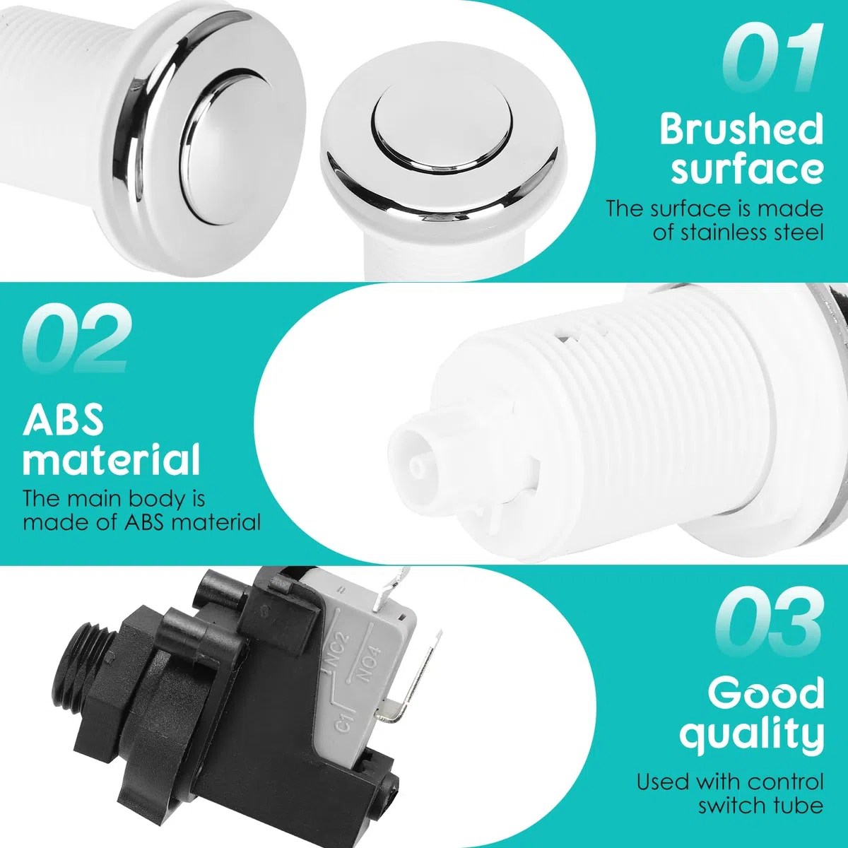 Tissting Interruttore di Pressione Aria, 250V Pulsante Tritarifiuti Interruttore Spazzatura Disposer Air Switch Kit Pulsanti Aria Tubi Interruttore a Pulsante per Bagno Vasca