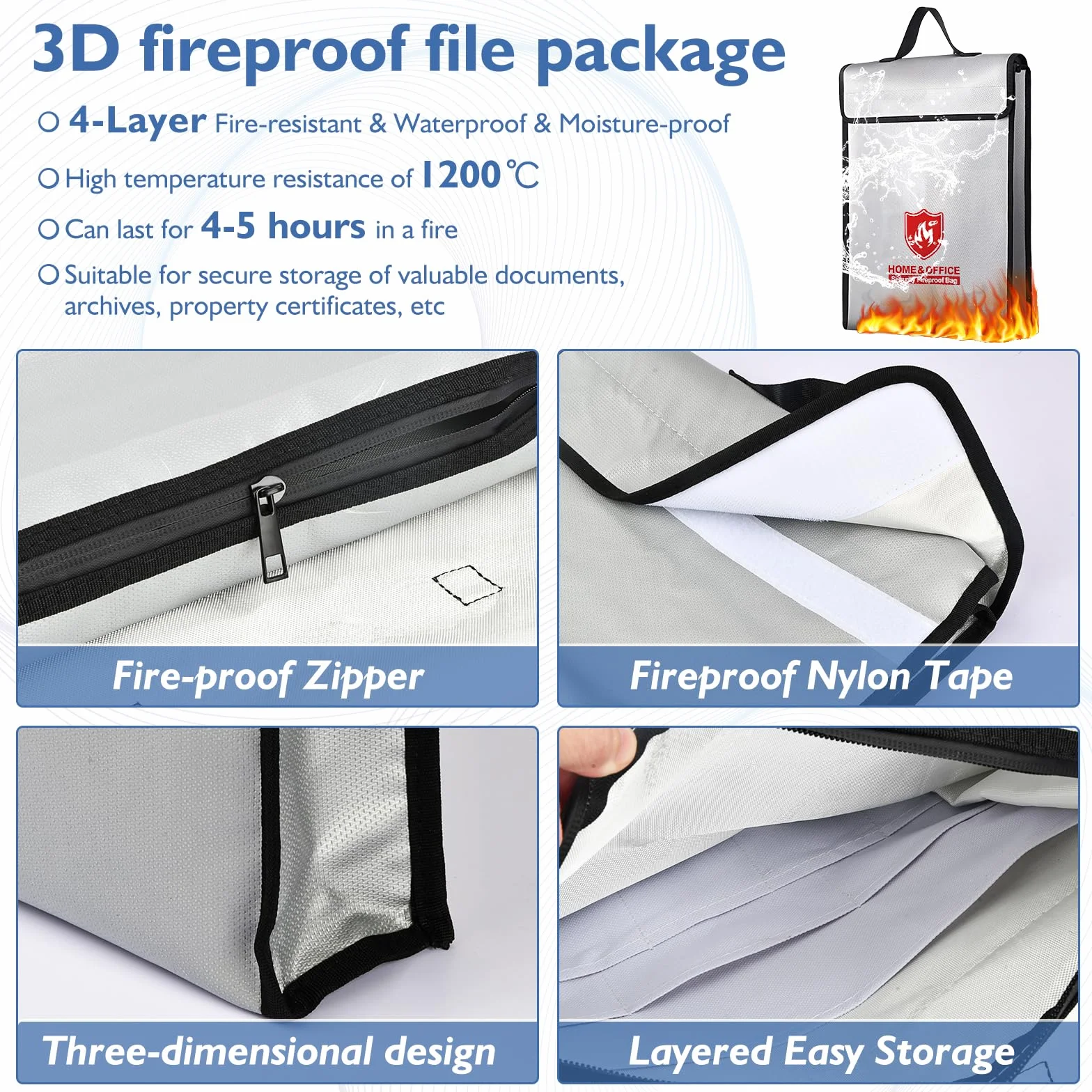 Borsa per Documenti Ignifuga, Borsa Ignifuga di Sicurezza 38x32x8cm, Sacchetti Ignifughi per Documenti e Denaro 1200℃, Porta Documenti Impermeabile per Documenti, Denaro
