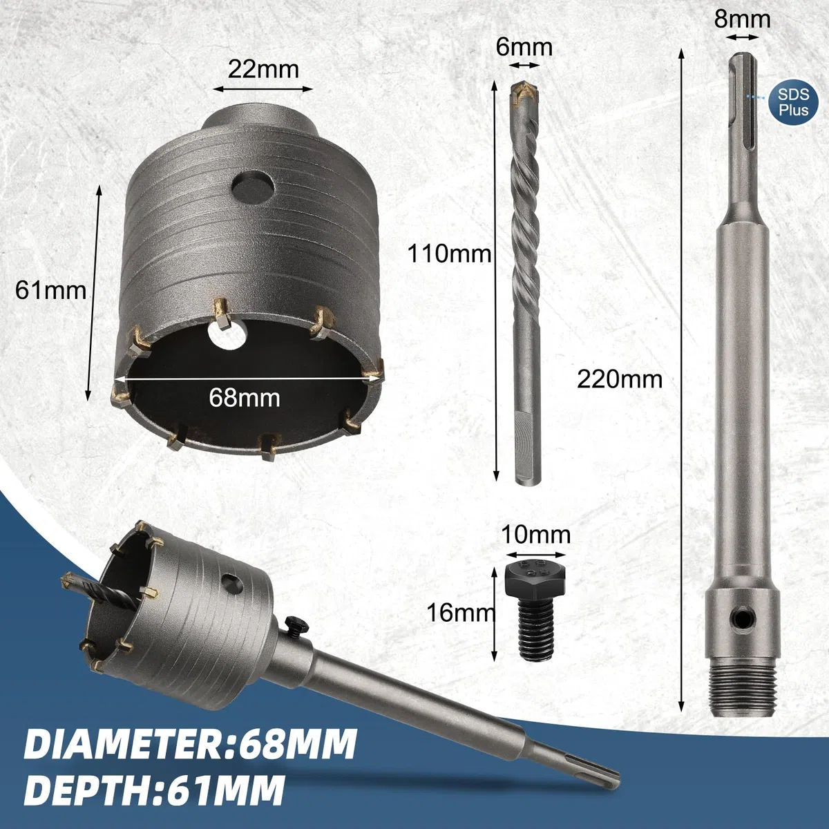 Lytool Fresa Sega a Tazza Carotatrice Muro Cemento con Codolo SDS Plus, Ø68 mm,Punta Centraggio,per Calcestruzzo, Cemento, Mattoni, Pietra, Muro,per Muratura e Calcestruzzo con SDS Plus Adattatore