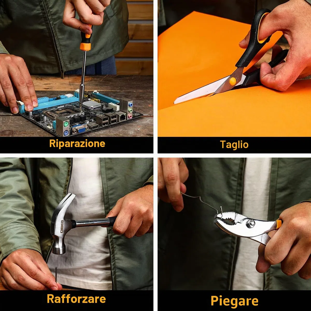 DEKOPRO Kit di utensili manuali generici per la casa con custodia in plastica, kit di attrezzi multiuso per la casa, include strumenti essenziali per riparazioni in ufficio e università, 50 pezzi