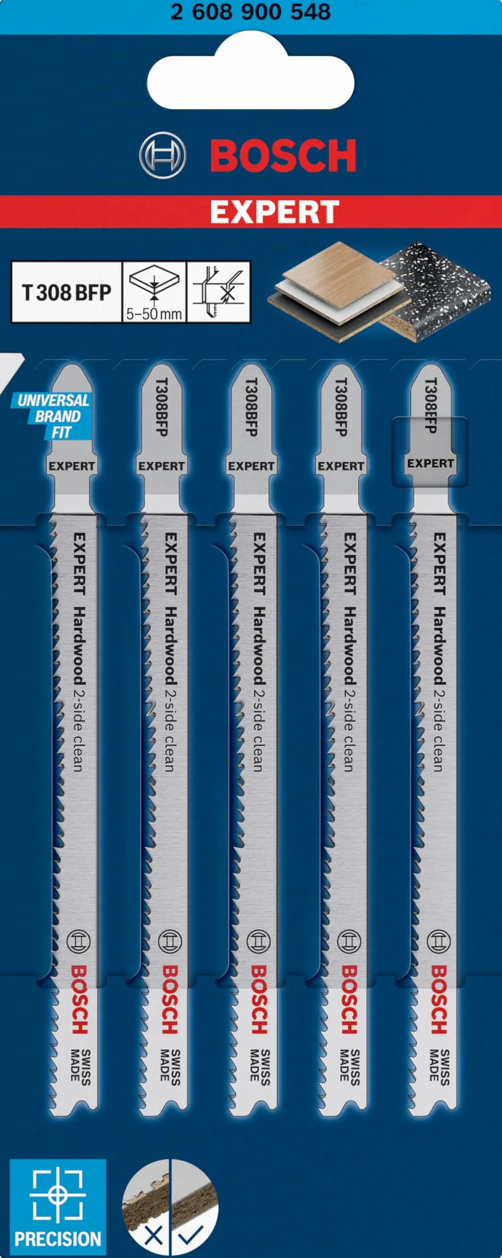 Bosch Professional 5x Lame per seghetto alternativo Expert 'Hardwood 2-side clean' T 308 BFP (per Piano di lavoro da cucina, Pannelli rivestiti in plastica, accessorio Seghetto alternativo)