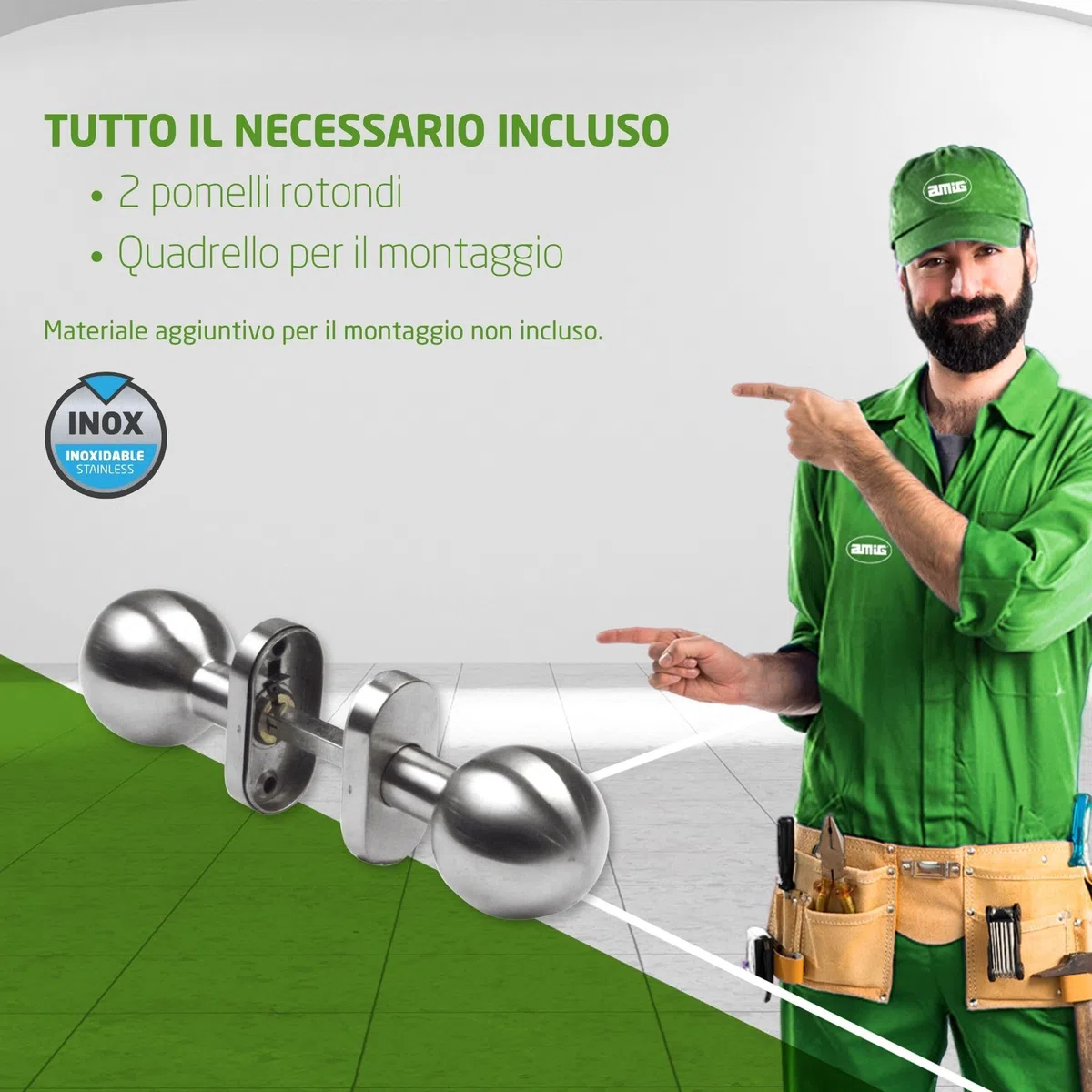 Amig – Pomolo/Maniglia rotonda per porta interna – Mod. 11AL – Impugnatura ergonomica – Rosetta rotonda – Acciaio inox 18/8 satinato – Ø62 x 77 mm