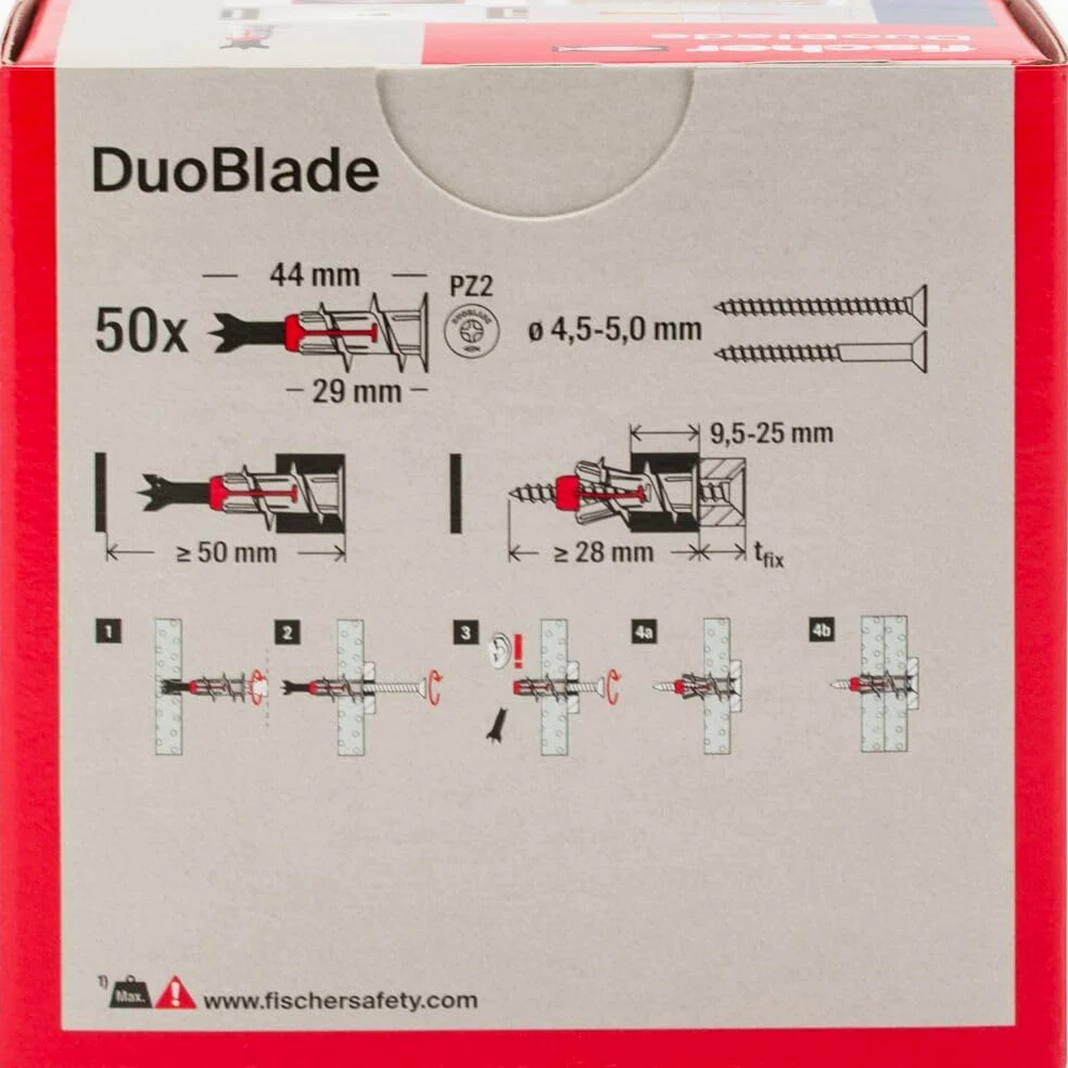 Fischer Duoblade, Tasselli Autoforanti Espandenti per Cartongesso, Grigio/Rosso, 50 Pezzi