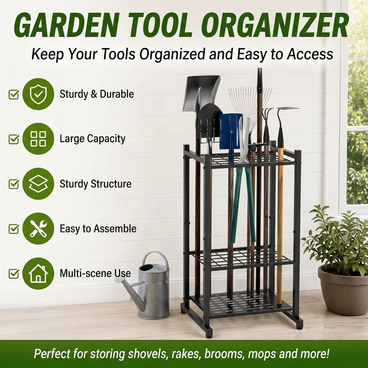 SOONHUA Supporto per attrezzi da giardino, torre degli attrezzi per il cortile per l'organizzazione e lo stoccaggio, per un massimo di 35 strumenti/rastrelli/scopa, robusto supporto per attrezzi da