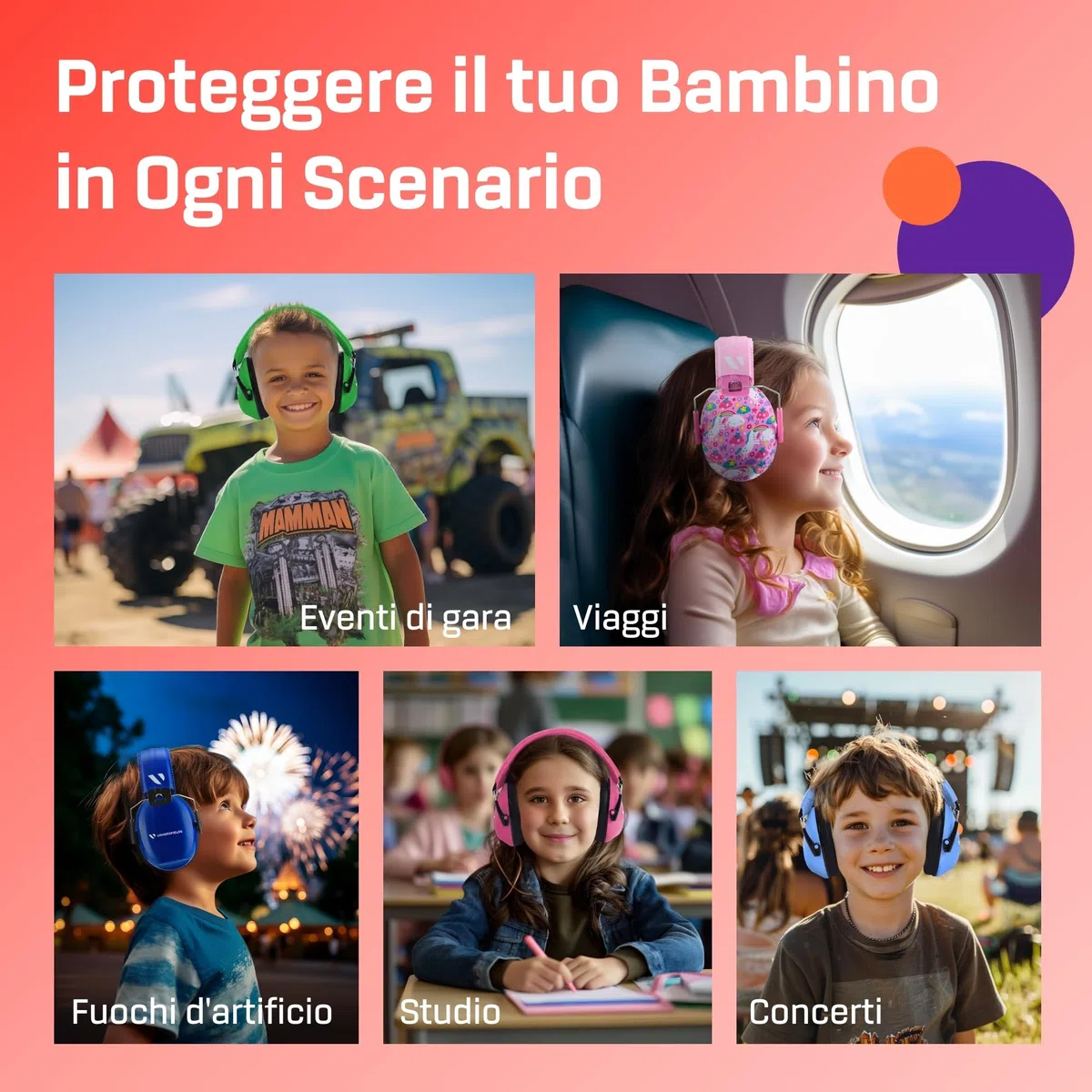 Vanderfields Premium cuffie di protezione per l'udito - Riduzione del suono ad ampio spettro 32 dB a 2 K Hz Cancellazione del rumore - Cuffie per bambini 3-12 - Rosso