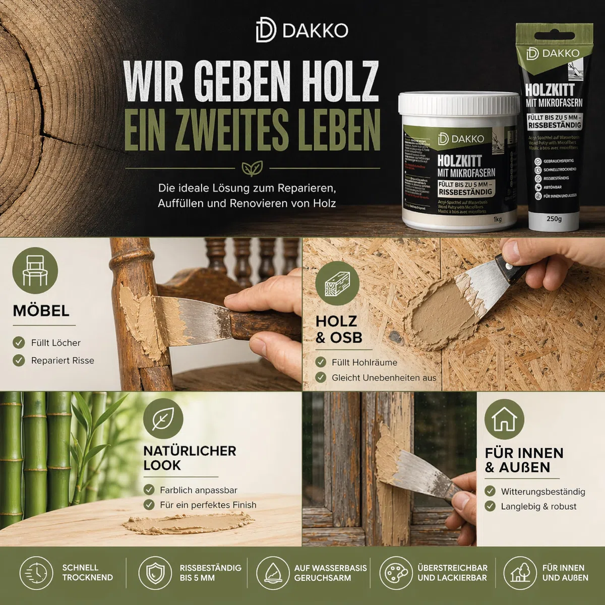 DAKKO Stucco per Legno Riempitivo 1 kg, Nero - Stucco in Pasta con Microfibre di Bambù, Pronto all’Uso per Mobili, Porte, Fori e Crepe, Interni ed Esterni, Resistente alle Crepe