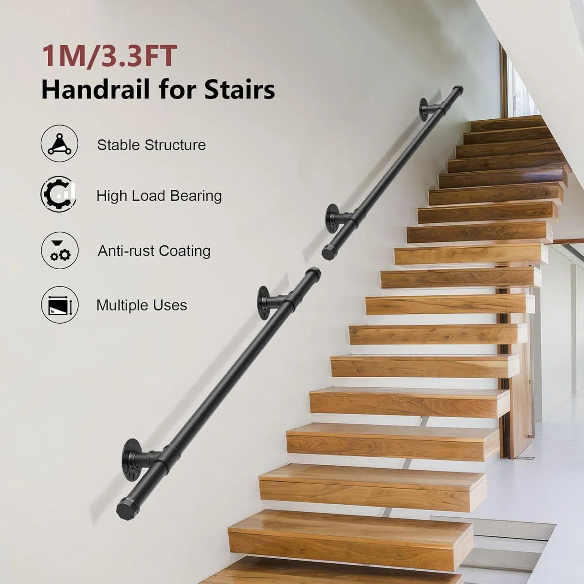 Corrimano per Scale Interne, Sunowl 1M Ringhiera per Scale Interne, Passamano per Scale Interne Esterne, Corrimano di Sicurezza Montati a Parete per Bambini Anziani Disabili