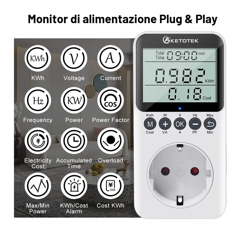 KETOTEK Misuratore di Consumo Elettrico Contatore del Consumo di Corrente Contatore Energia Elettrica con Schermo LCD Protezione da Sovraccarico Potenza Massima 3680W