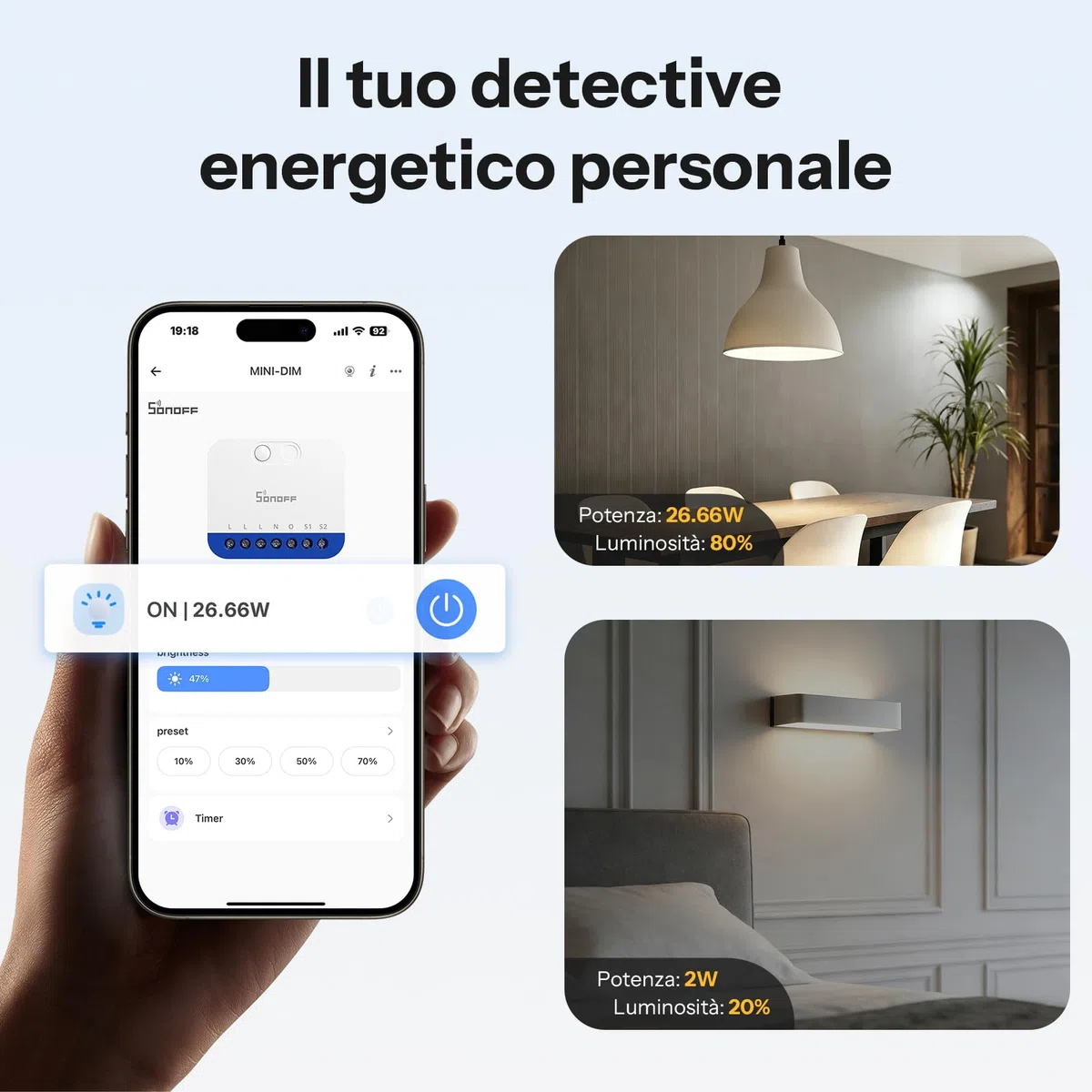 SONOFF MINI DIM WiFi Variatore per LED dimmerabili, trasformatori, lampade, alogene, filo neutro necessario, misurazione dell'energia, compatibile con Alexa, Google Home, Apple HomeKit