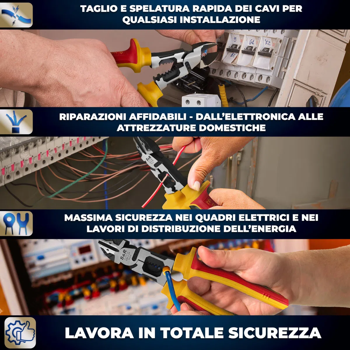 S&R Pinza Elettricista Diagonale Isolata 220 mm VDE 1000V – Pinza Taglio Laterale Combinata 3 in 1 con Spelatura e Crimpatura – Tronchesi per Cavi Professionale in Acciaio 60CrV