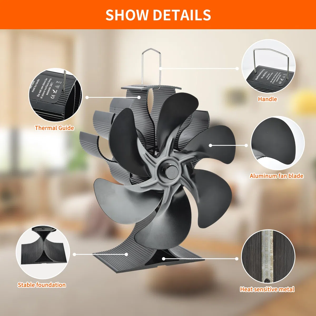 SHAVINGFUN Ventilatore per Stufa a Legna,6 Lame Ventola da Caminod Senza Corrente Silenziosa,Ventola Stufa a Gas/Pellet/Legna per Bruciatore di Tronchi/Stufa/Camino, Argent, 4