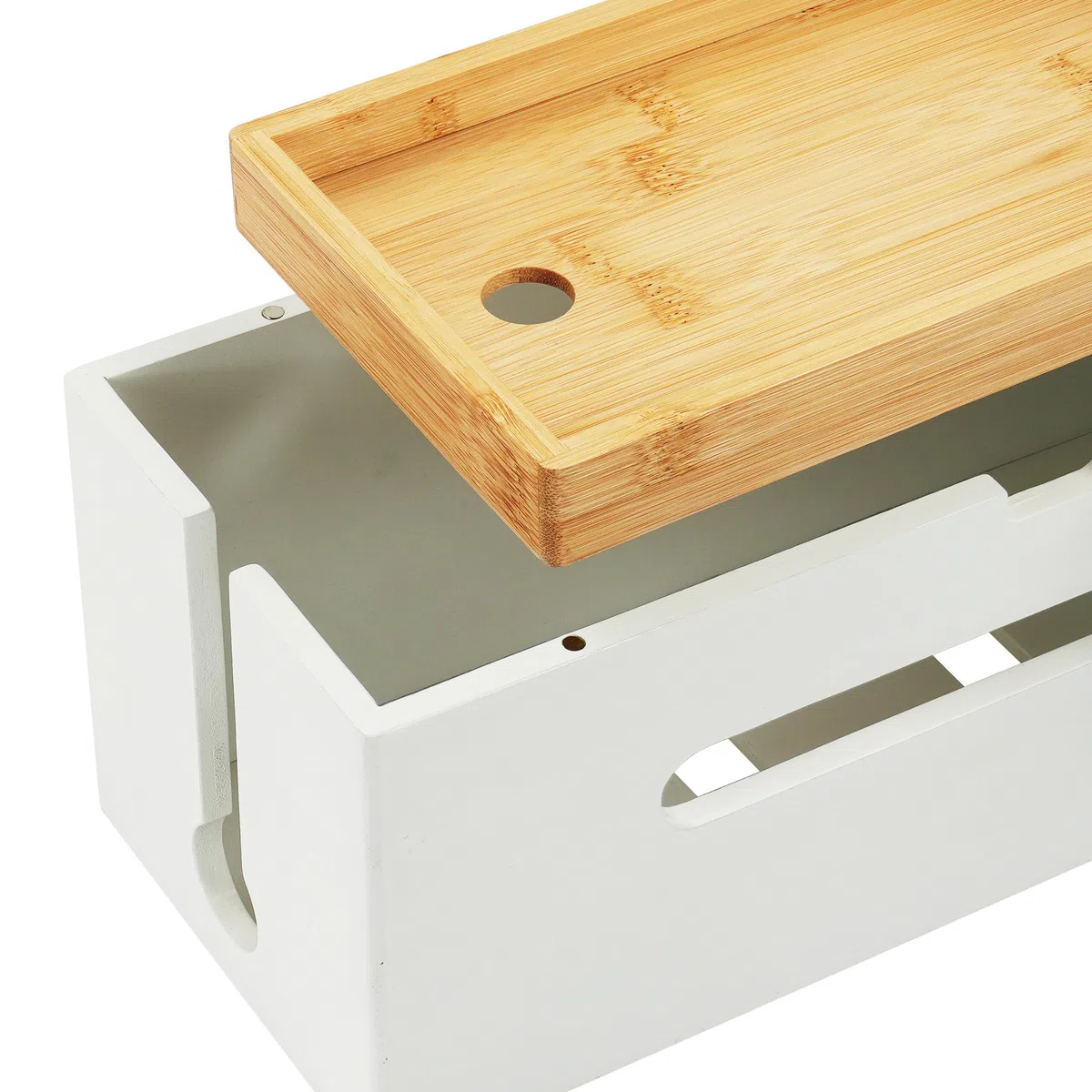 Relaxdays Scatola Porta Cavi bambù con Coperchio, Fascette, 16x34x13,5 cm, Naturale/Bianco