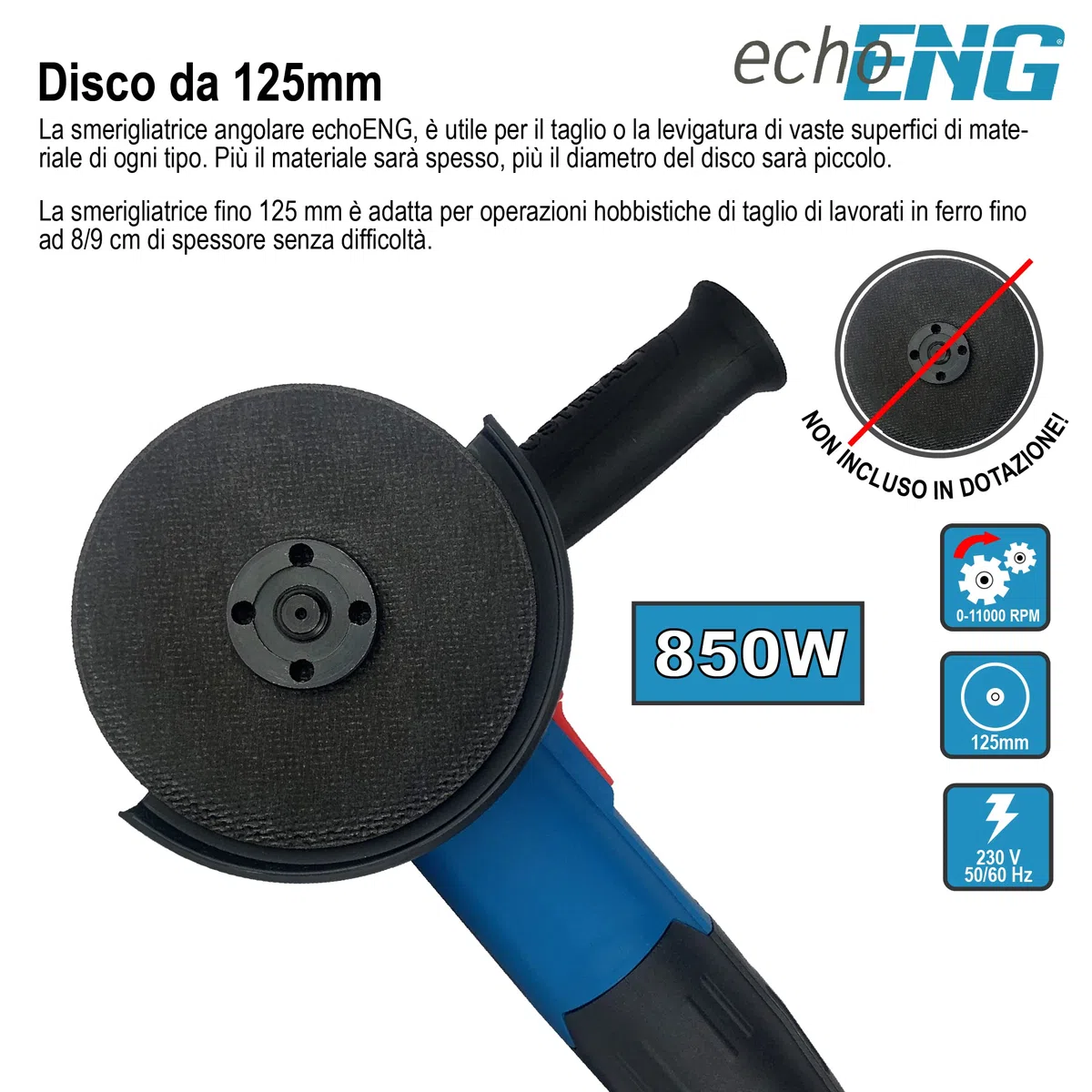 ENG PRO Smerigliatrice Angolare Elettrica con Disco da 125 mm potenza 800 WATT Impugnatura aggiuntiva, professionale, velocità 11000 r.p.m - UM ET SA12