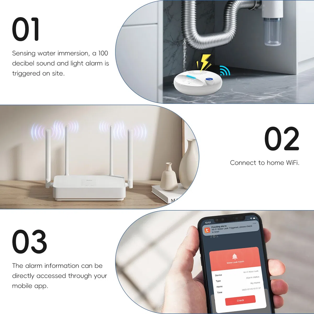 Yasorn Rilevatore di Perdite d'Acqua WiFi, Allarme Acustico da 100 dB e Avvisi in Tempo Reale Tramite App, Sensore Intelligente Impermeabile IP67 per Cucina, Casa, Bagno