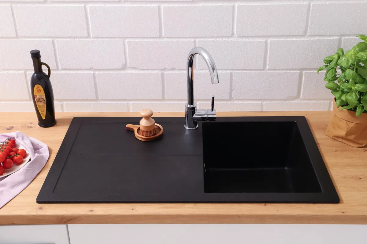 Respekta Cleveland Lavello in Mineralite nero/Lavello da incasso a 1 vasca da 86 x 50 cm/Lavello adatto a basi da 50 cm di larghezza
