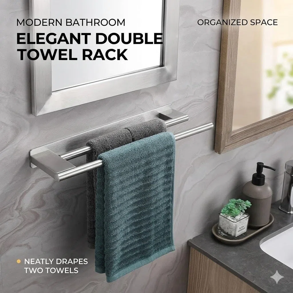 Porta Asciugamani bagno Adesivo Doppio senza Forare, Portasciugamani da Parete in Acciaio Inossidabile Accessori per Bagno e Cucina, Supporto Appendi Asciugamani 2 Bracci 39 cm (Argento)