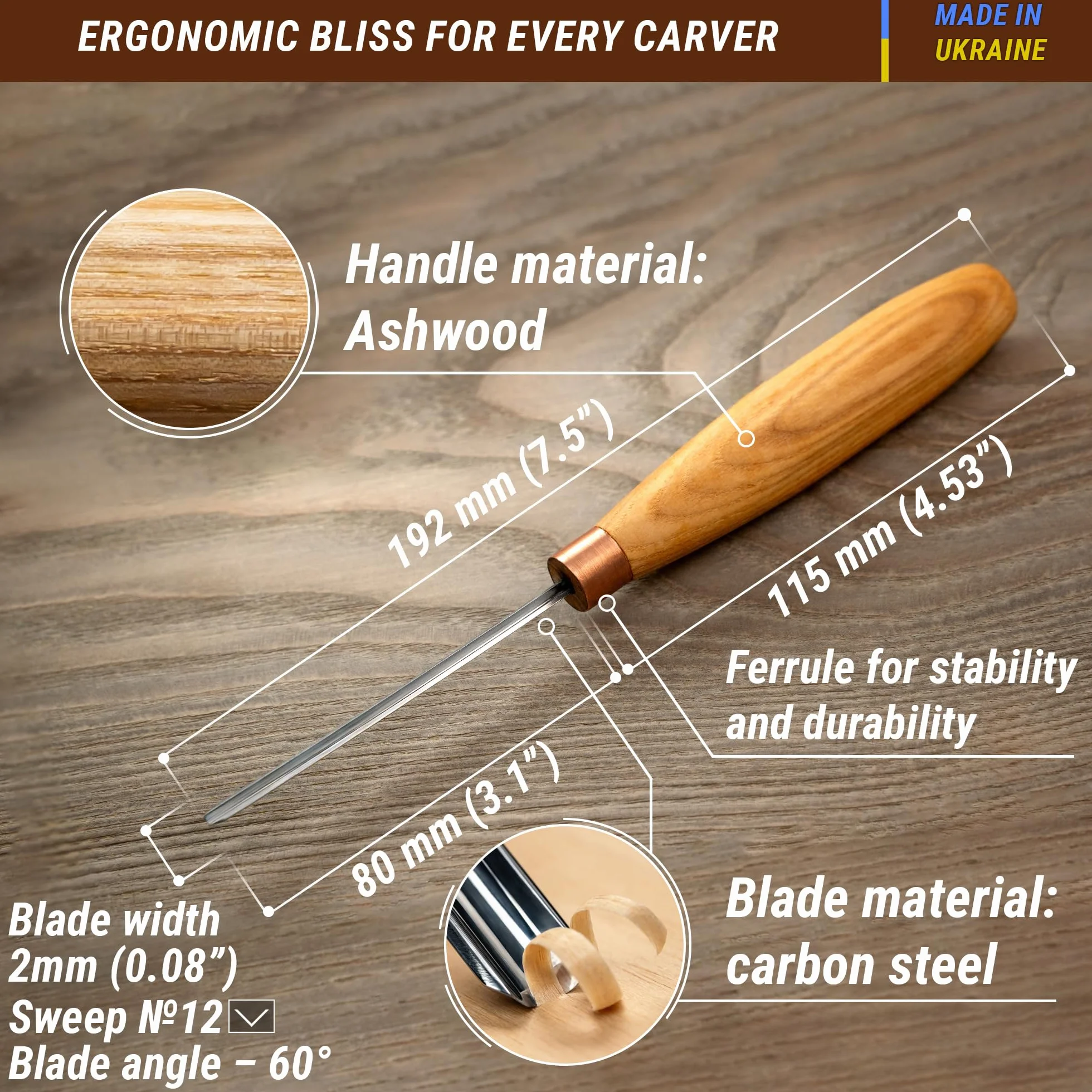 BeaverCraft Sgorbia per intaglio del legno V K12/02 Scalpello a mano per lavorazione del legno Coltello compatto per intaglio per principianti e professionisti