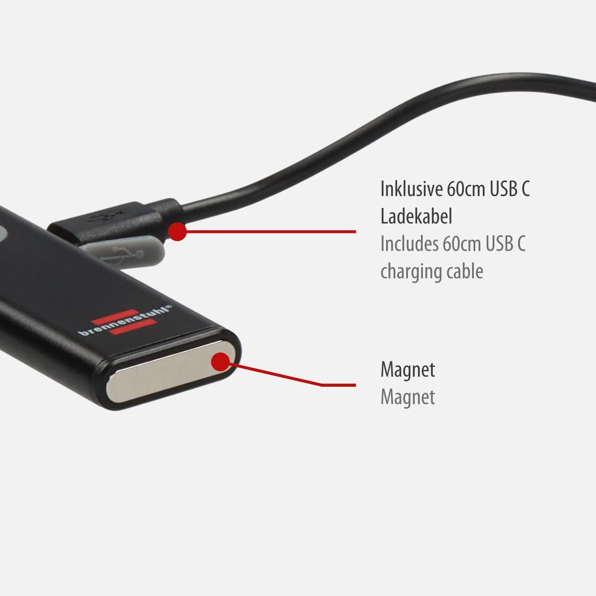 Brennenstuhl Torcia LED a batteria PL 200 AC/LED con COB LED (200 lm, cavo di ricarica USB C, durata fino a 12 ore, lampada di ispezione COB con magnete e clip)