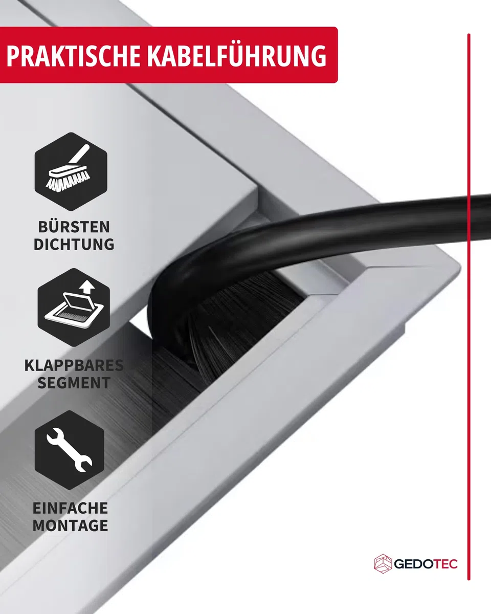 Gedotec Passacavi Argento Scrivania Eco rettangolare con guarnizione a spazzola, passacavo in alluminio argento anodizzato, scatola per cavi da 320 x 100 mm da inserire | 1 pezzo