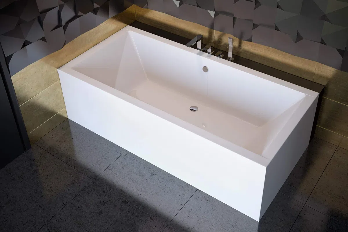 VBChome Vasca da bagno 155 x 70 cm in acrilico, rettangolare, bianco, design moderno, set di supporto in polistirolo, cromato, per 2 persone, con sifone