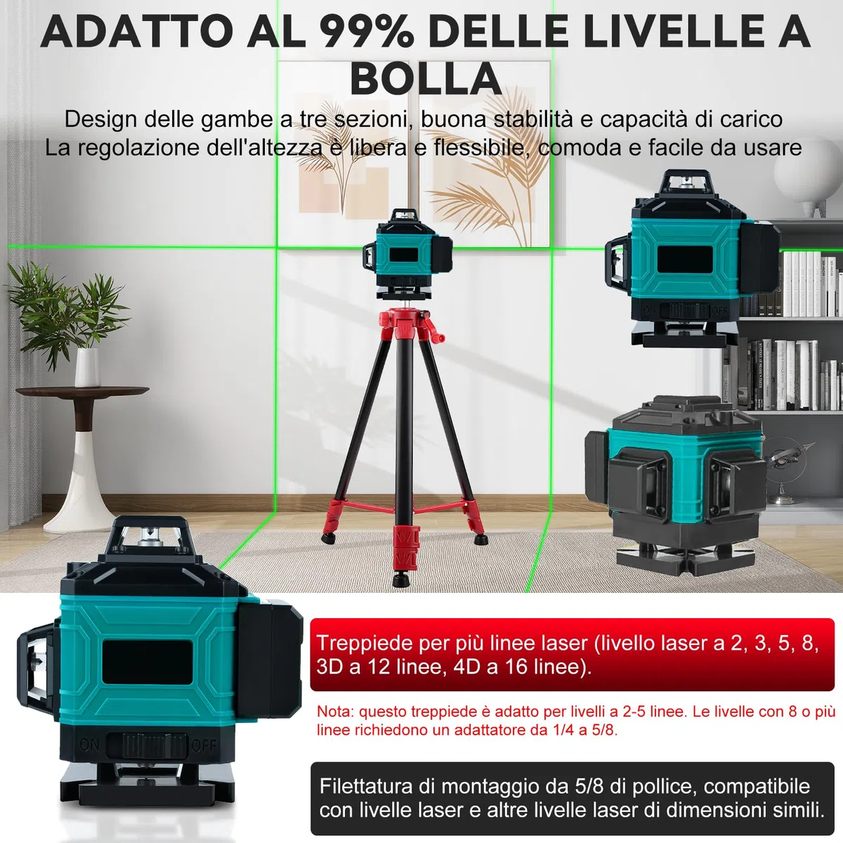 Treppiede per Livella Laser, treppiede telescopico regolabile da 1,5 m, Filettature 5/8 a 1/4 di Pollice Supporto Livelle Laser in Acciaio per strumento di misurazione laser autolivellante