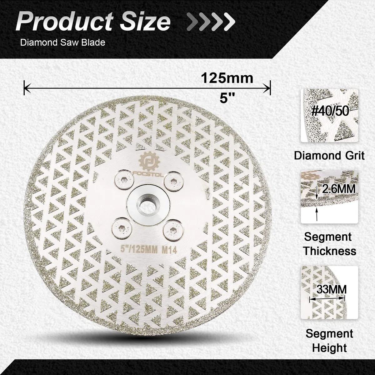 FOCSTOL Disco Diamantato 125mm - Elettrolitico Doppio lato Taglio Macinazione Lama Diamantata per Granito Marmo Porcellana Piastrelle Ceramica Quarzo M14 Filettatura