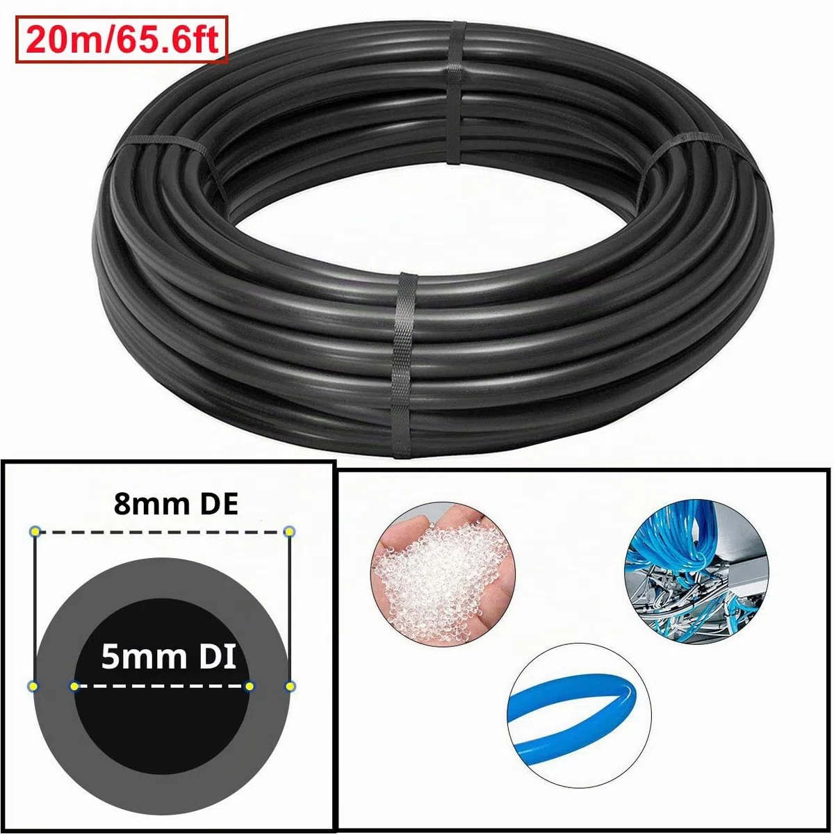 HUAZIZ 20 meter Tubo per Aria Poliuretano Black, (8mm OD, 5mm ID) Aria Pneumatica PU tubo, Flessibile aria Kit +1 pezzo Tagliatubi