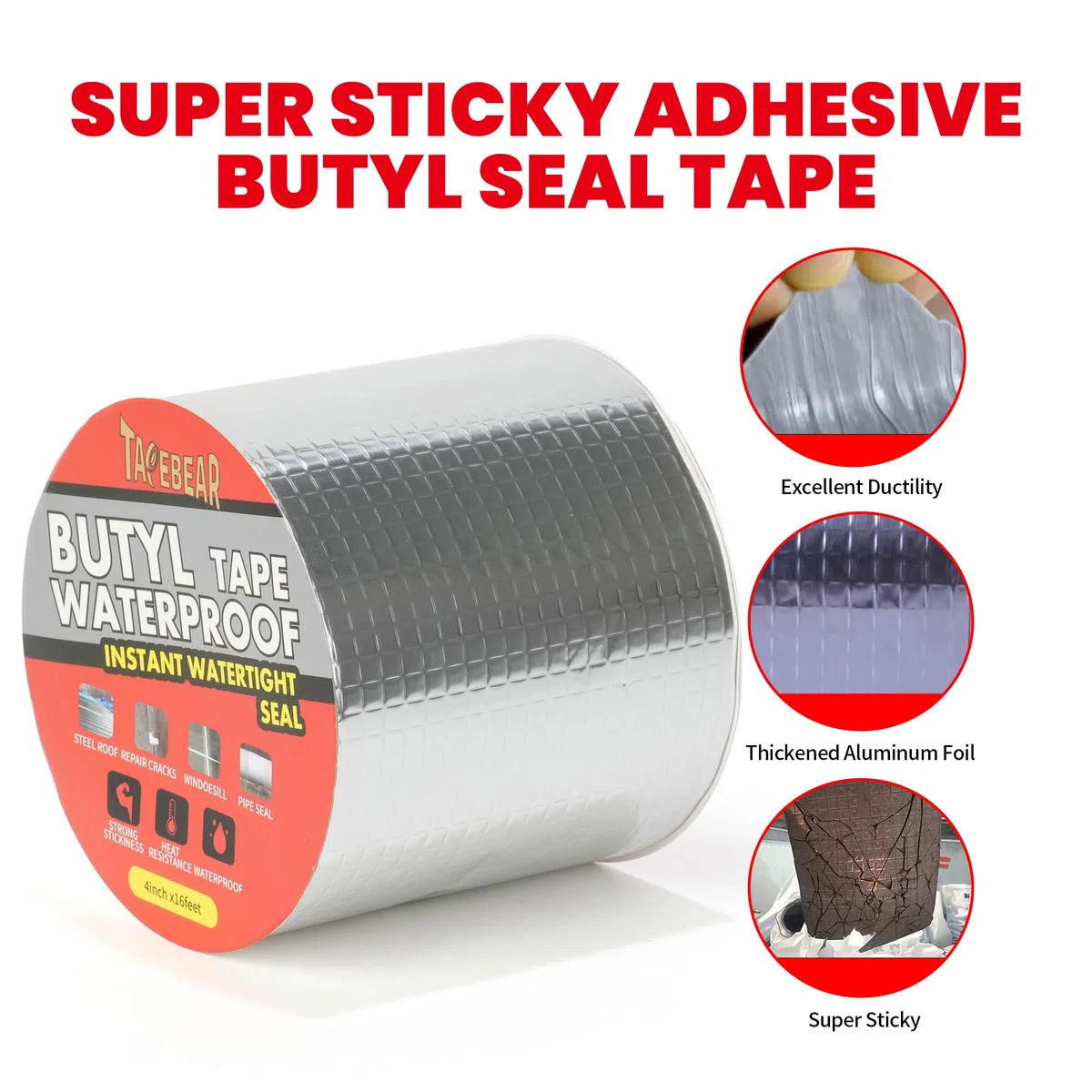 TAPEBEAR nastro butilico 100mm x 5m, impermeabile nastro sigillante autoadesivo in alluminio butilico per riparazione di tetti, grondaie e perdite