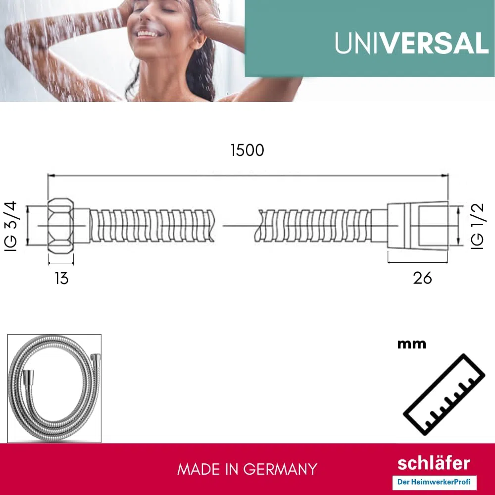 Schläfer 808492 | Tubo Doccia Flessibile 1.5 metri, Universale in Acciaio a Doppia aggraffatura, Connettori Attacco Standardad G 1/2" x 3/4" ad Alta Pressione, Resistente alte temperature, Cromo