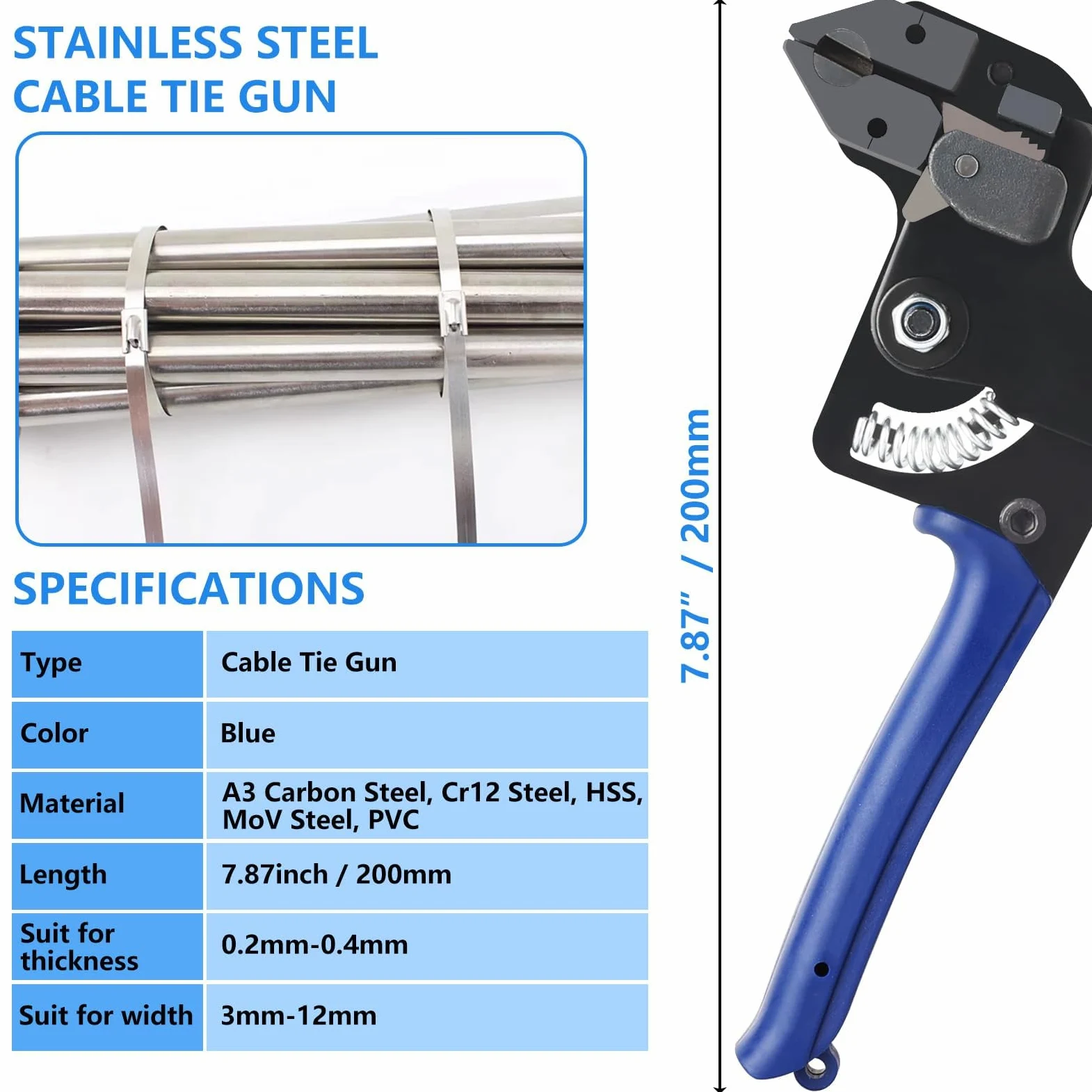 100 Pezzi di Pinza per Fascette Metalliche Autobloccante con Fascette Stringitubo in Acciaio Inox, Pistola per Fascette in Metallo per Tensionare e Tagliare le Fascette, Adatta per Cavi e Tubi