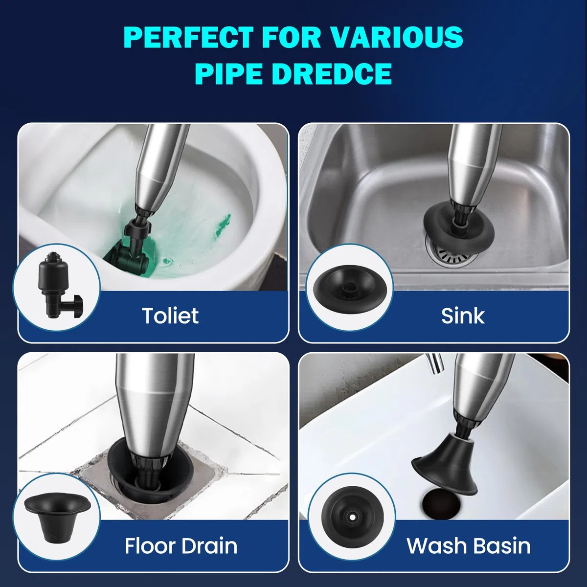Stura WC, Sturalavandini a Pressione Pompa Stura Scarichi con Quattro Diverse Ventose Lavandini Sturalavandino Stura Water Stantuffo con Barometro per WC Cucina Lavello Bagno (Nero)