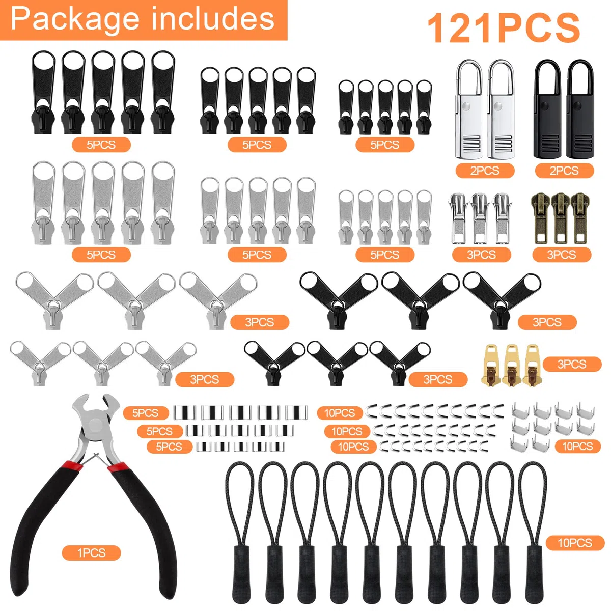 MXTIMWAN 121 Pezzi Riparazione Cerniera Lampo, Kit di Riparazione Cerniera di Ricambio, Sostituzione Cerniera Kit con Installare Pinze, Riparazione Cerniera per Giacche, Borse, Tenda