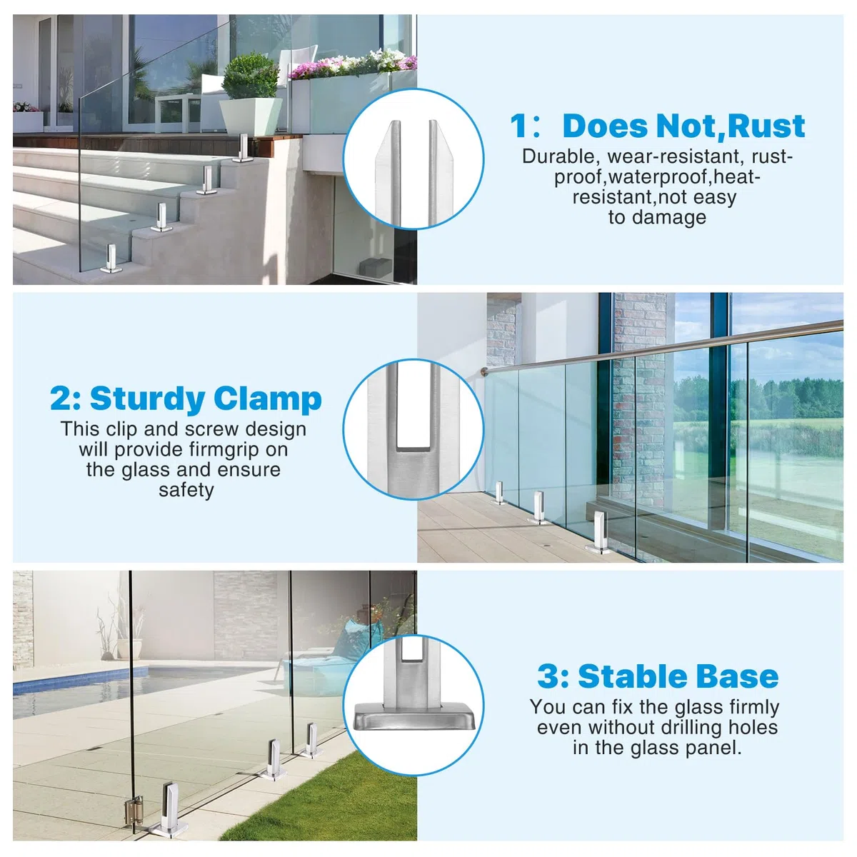 Morsetto per Vetro da Pavimento, Morsetto per Vetro in Acciaio Inox per Vetro da 8-12 Mm/0,3-0,5" di Spessore, supporto in vetro regolabile per Piscina, Scale, Balcone (Argento Opaco-1 Pack)