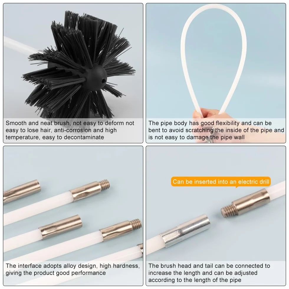 pulizia canna fumaria, set di 17 pezzi per la pulizia delle condutture con 12 aste da 41cm, 3 teste di spazzola da 10/15/20cm, a asta esagonale da 4,5cm, a spazzola con manico in legno da 38 cm