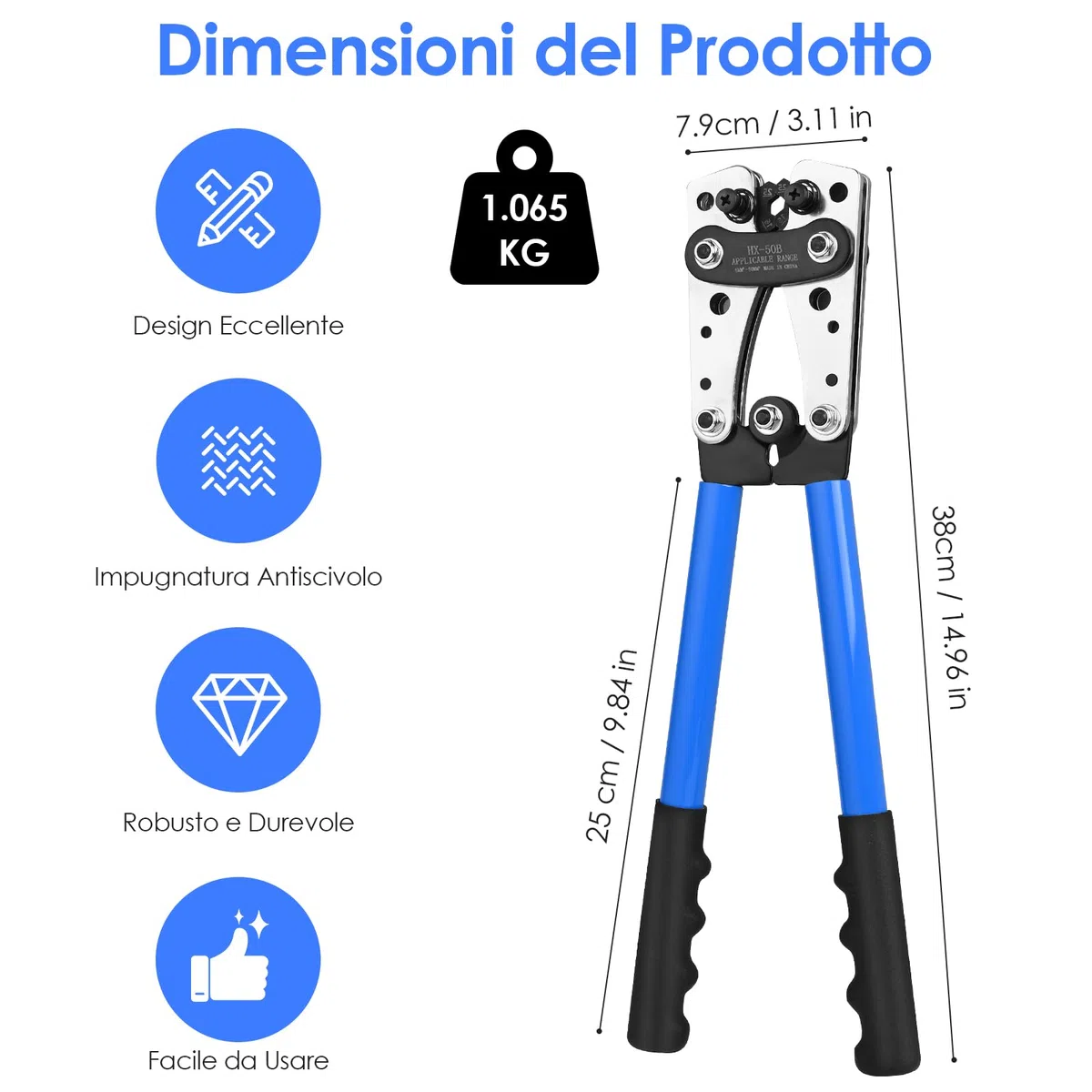 ZWOOS Pinza Crimpatrice Capicorda, Capicorda Elettrici a Crimpare da 6/10/16/25/35/50 mm², In Rame, Piegatore Resistente per Capicorda (Hx50b)