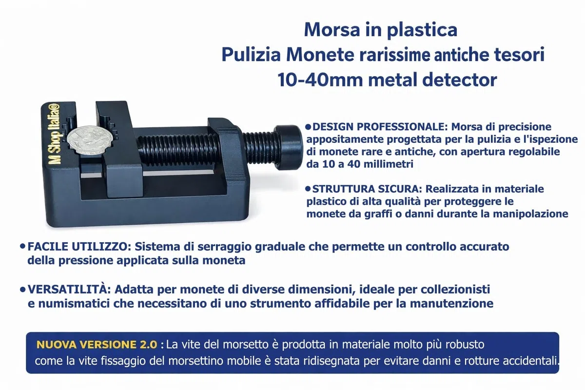 Morsa Morsetto in plastica Nera per Pulizia Monete Votive rarissime antiche tesori Oro Argento Bronzo Rame con Sicurezza e Massima delicatezza 10-40mm Nuova Versione 2.0