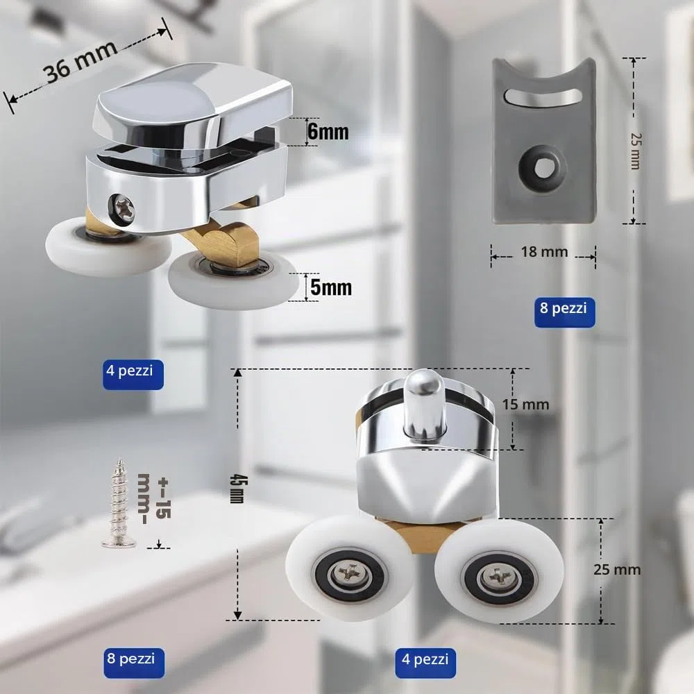 8 Pezzi Ruote della Doccia, Ruote per Porta Doccia, Rulli Doccia per la Porta, Ruote per Porte in Vetro, per Porte del Bagno con uno Spessore Vetro di 4-6 mm, 4 Rulli Superiori e 4 Inferiori