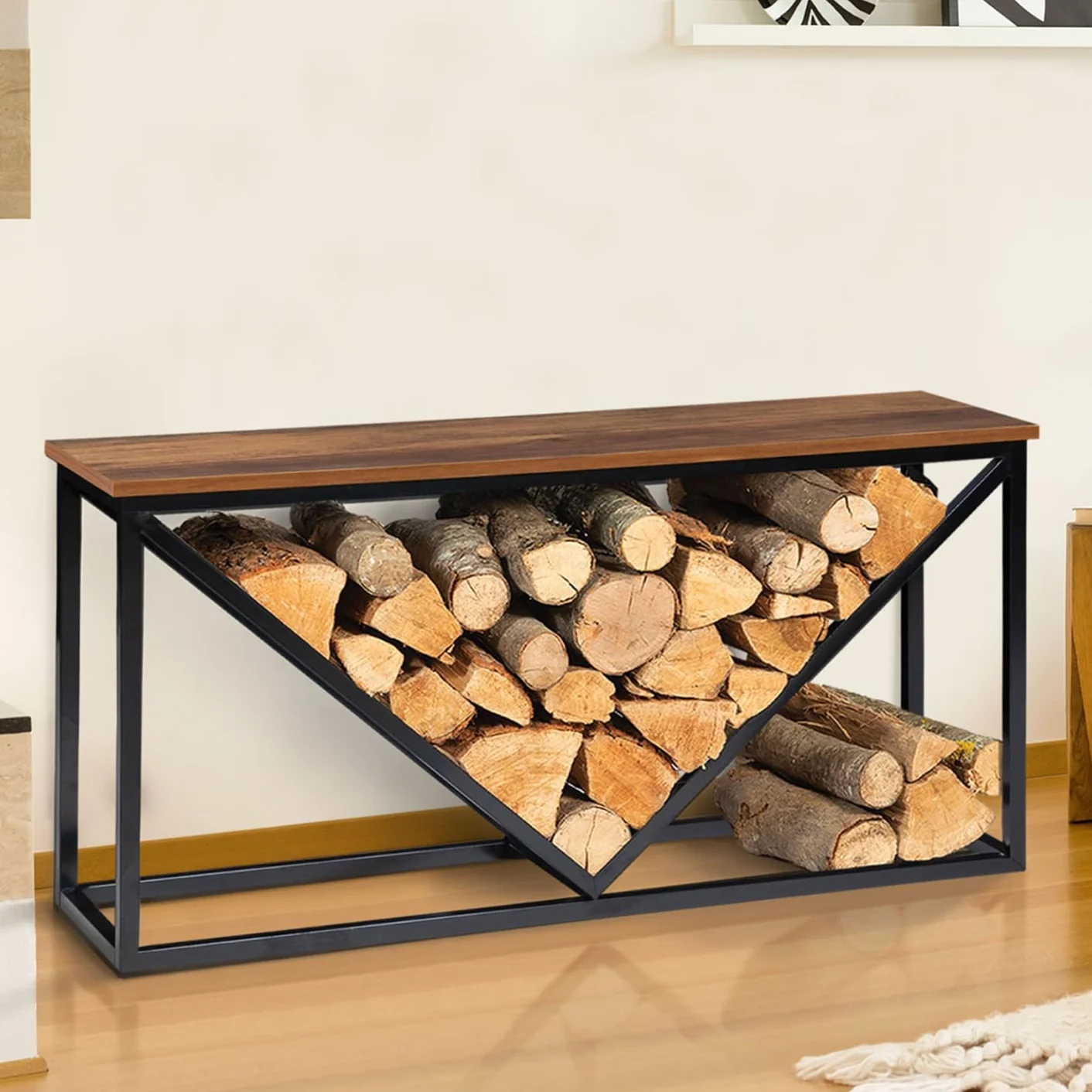 IDMarket - Portalegna per camino orizzontale in acciaio nero e piano effetto invecchiato con design industriale DAYTON