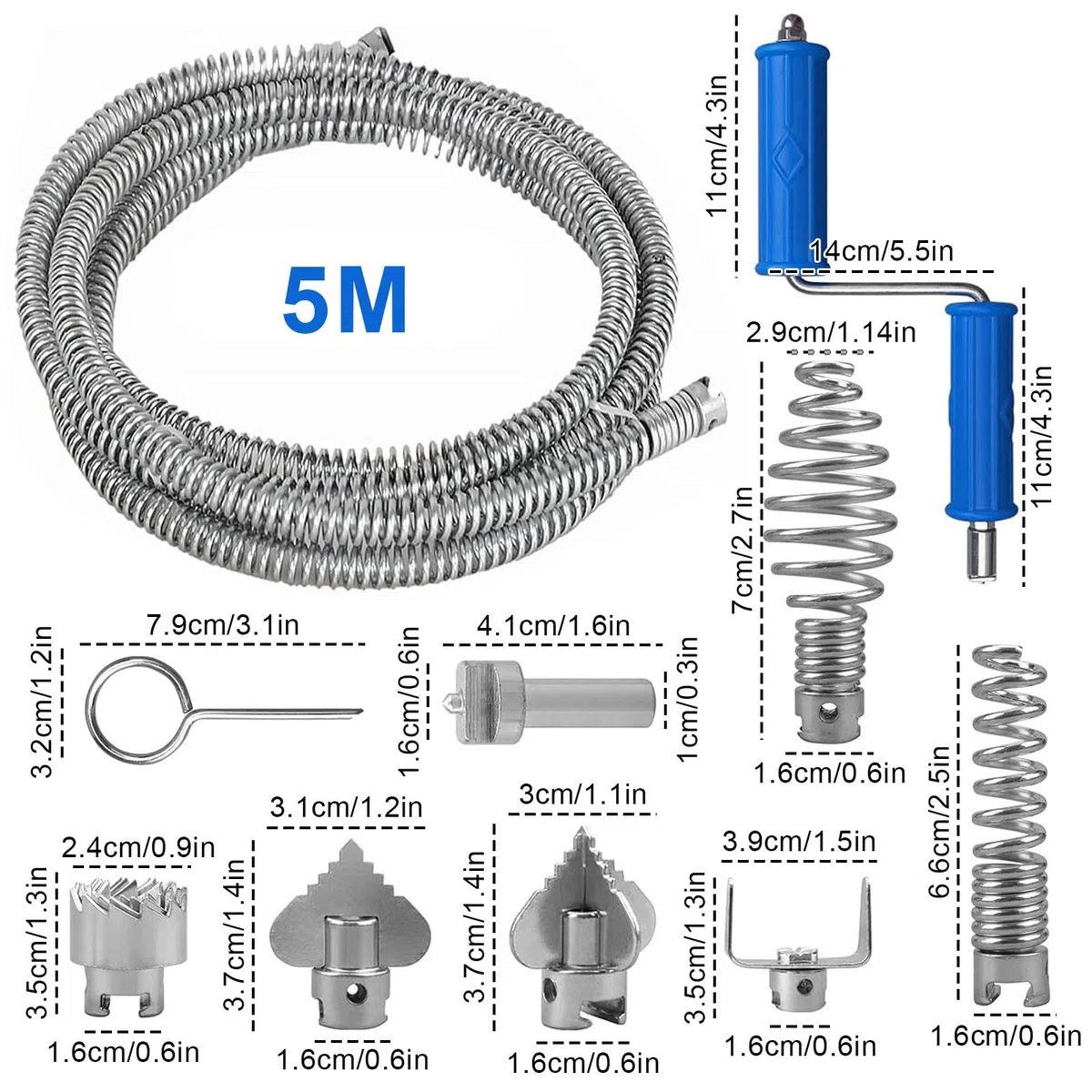 Spirale per la pulizia dei tubi, 5 m, diametro spirale 12 mm, con 6 testine di taglio e 1 adattatore manuale, pulitore a spirale per WC, allentamento dell'intasamento, fogna, vasca da bagno