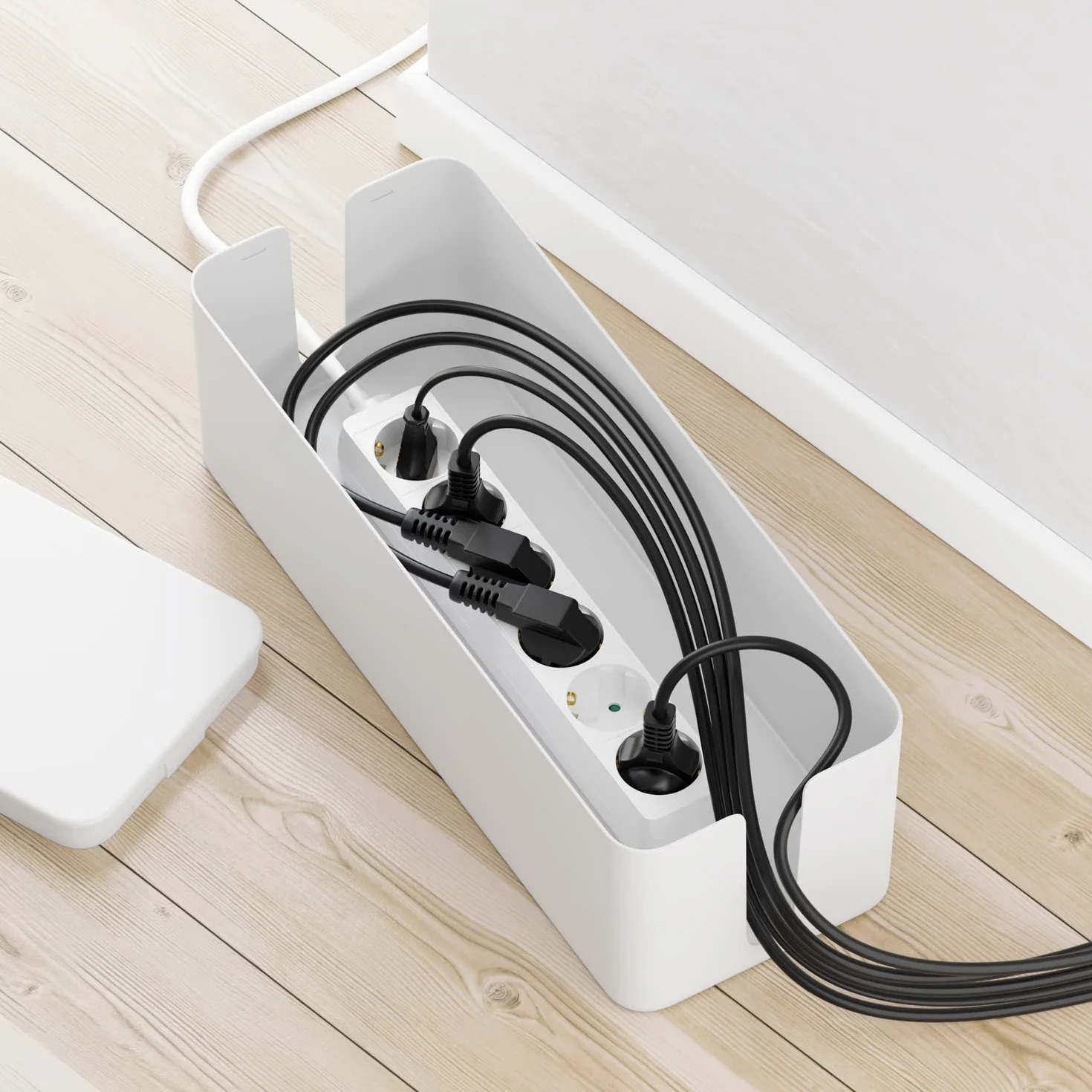 deleyCON Gestione Cavi Box Cavo Organizer Box Casetta Cavi 40,5cm x 15,3cm x 13cm Plastica Robusta 2 Guide Laterali per Cavi Protezione e Sicurezza Bianco
