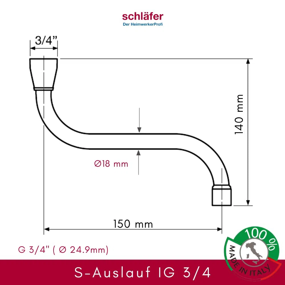 Schläfer 400305 | Canna di Ricambio Rubinetto Cucina, Girevole a S, per Gruppo Cucina a Muro Lunga cm 15 x Ghiera 3/4, Compatibile con Aeratore Neoperl Anticalcare Risparmio Acqua M22 (incluso)