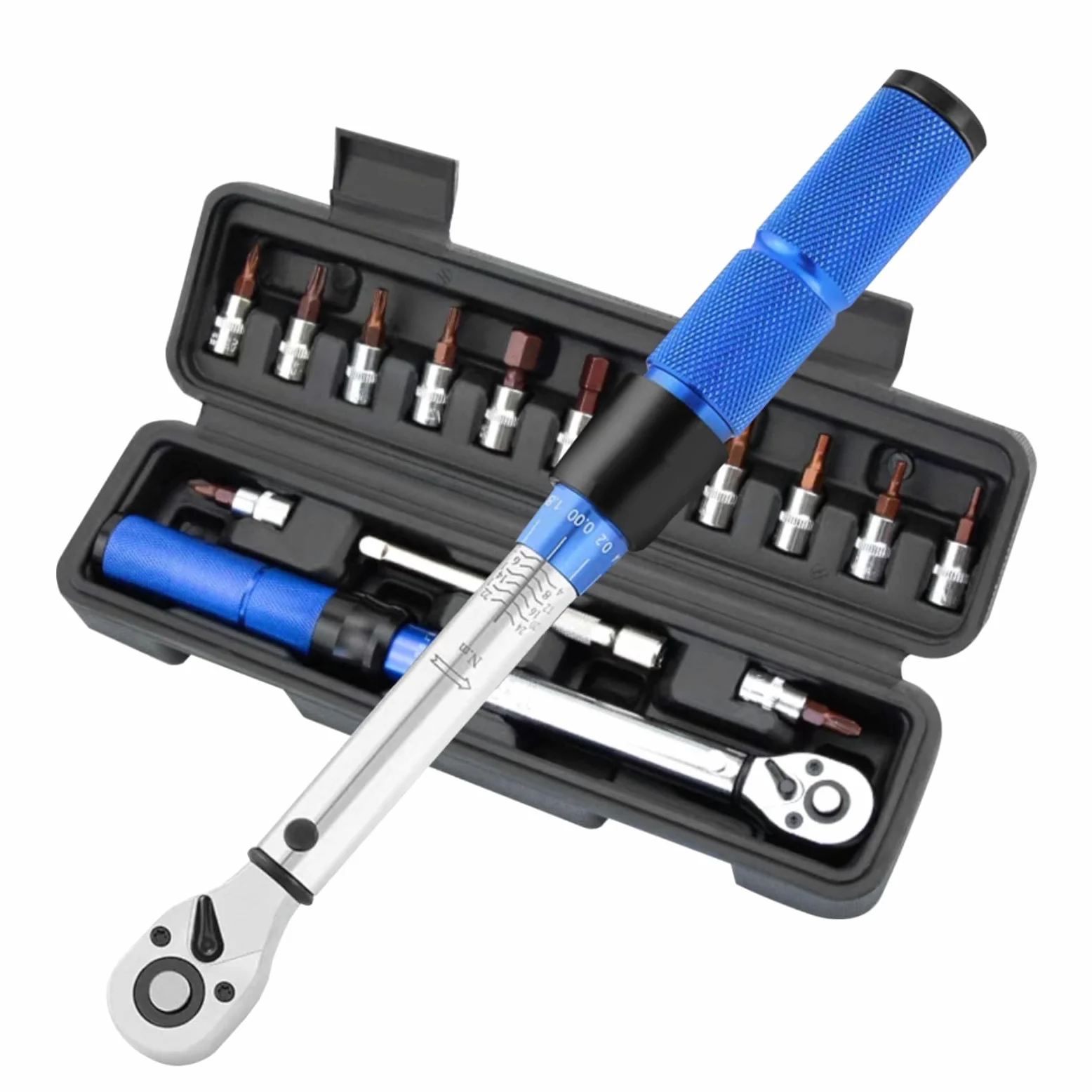 15 Pcs Chiave Dinamometrica Bici, 1/4" Torque Wrench, Chiavi Dinamometrica set Adattatore, Barra Prolunga, Pulsante Sgancio Rapido, Testa Reversibile con Clic per Strada, Mountain, Moto
