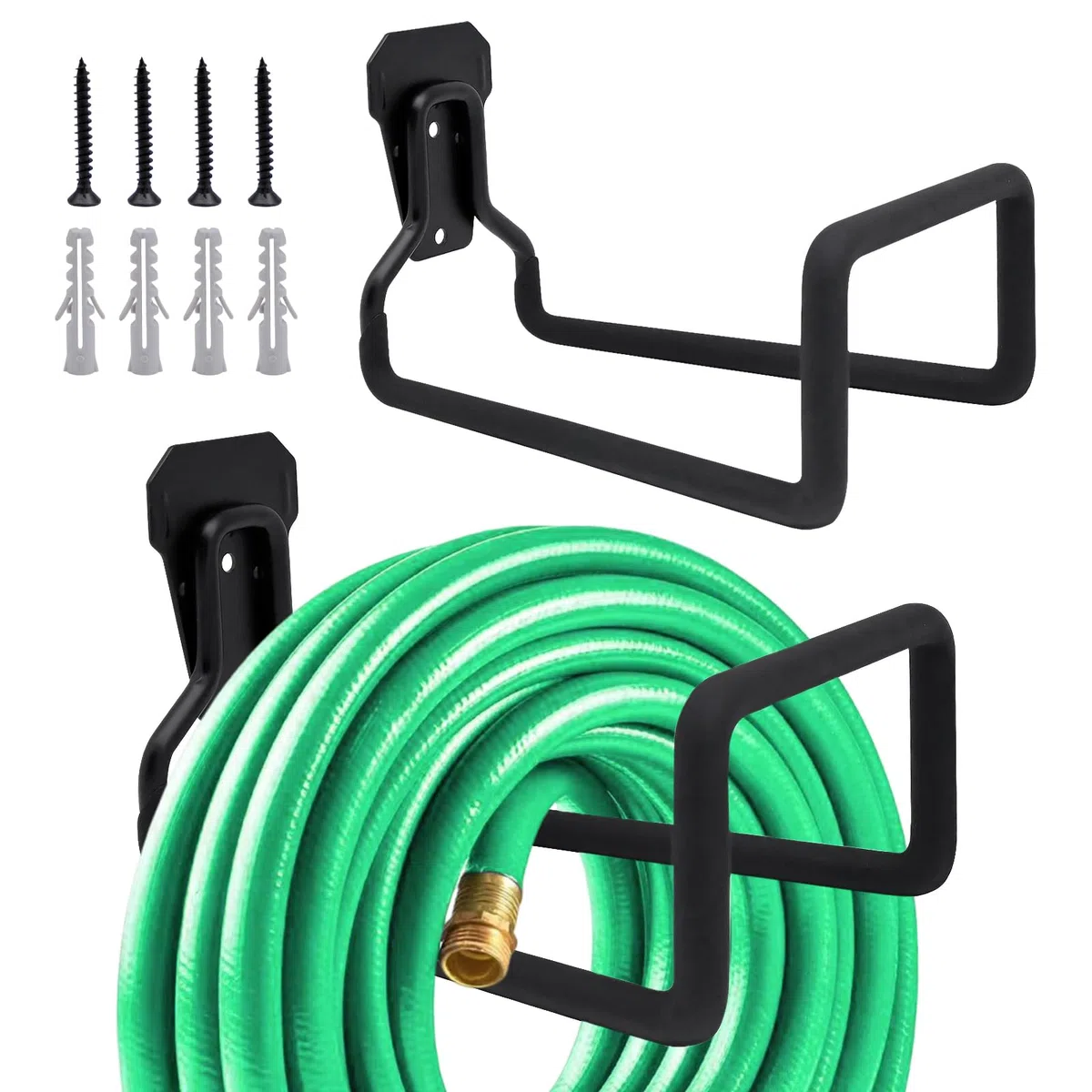 2 Pezzi Porta tubo da Giardino, Supporto a Parete in Metallo Robusto, Gancio per Tubo dell’Acqua e Cavo di Prolunga per Giardino e Esterno