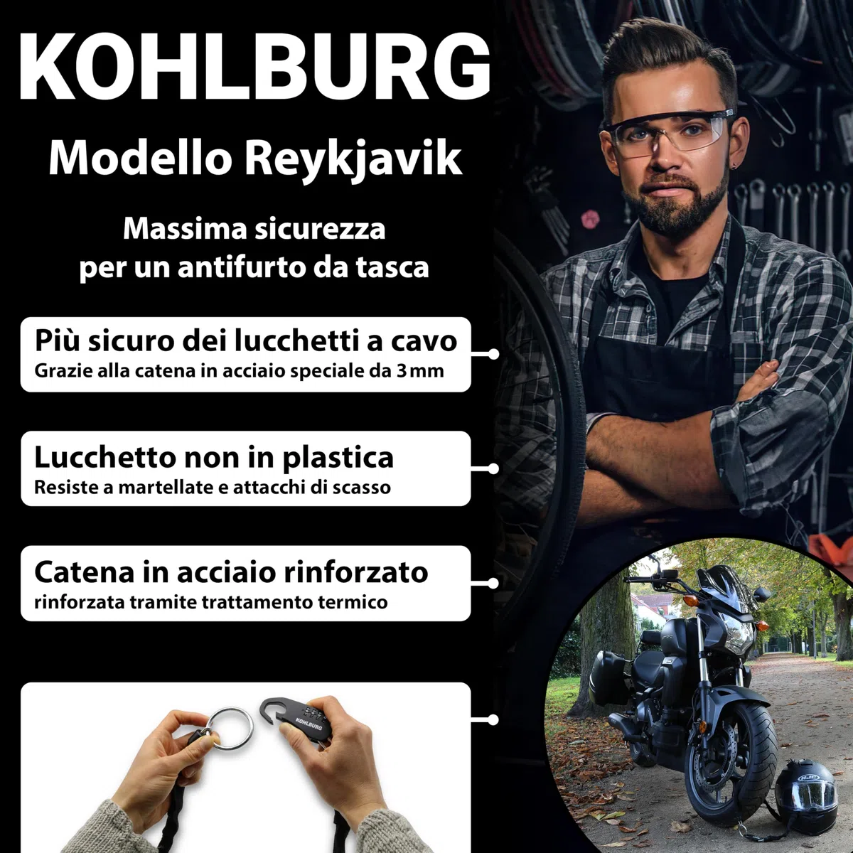 KOHLBURG catena antifurto tascabile e sicura con lucchetto a combinazione numerica – Sicurezza assoluta come lucchetto per passeggini, sci e casco da moto – catena antifurto lunga 129 cm