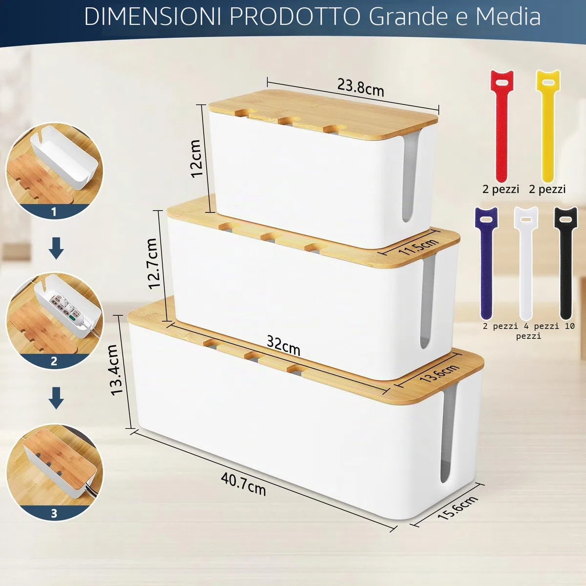 Scatola Porta Cavi, Set di 3 Scatole Nascondi Cavi con Coperchio in Legno, Scatola Cavi Organizer con 20 Fascette per Nascondere e Organizzare i Cavi, Grandi, Medie e Piccole