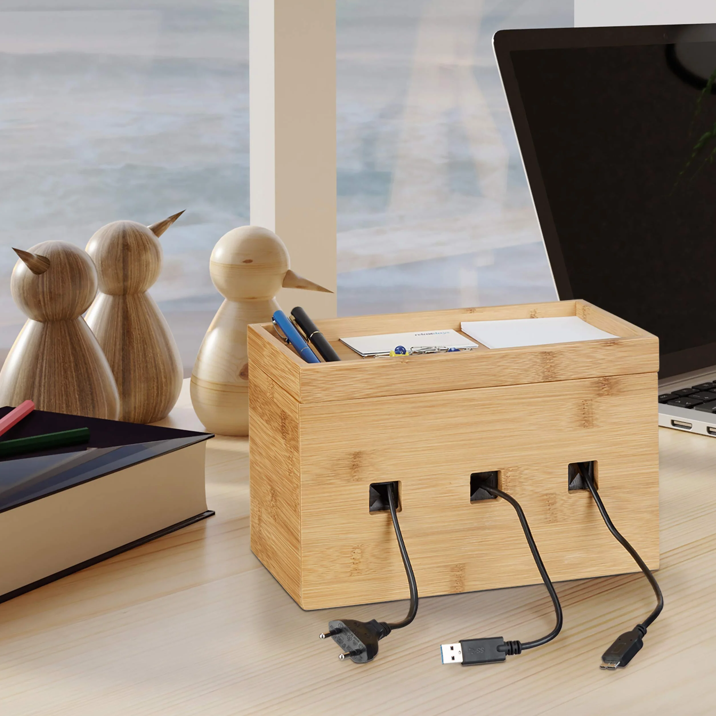 Relaxdays Organizer Porta Prese, Nascondi Cavi, Box Compatto, Universale, Pratico, HxLxP: 16,5 x 25,5 x 14 cm, Marrone