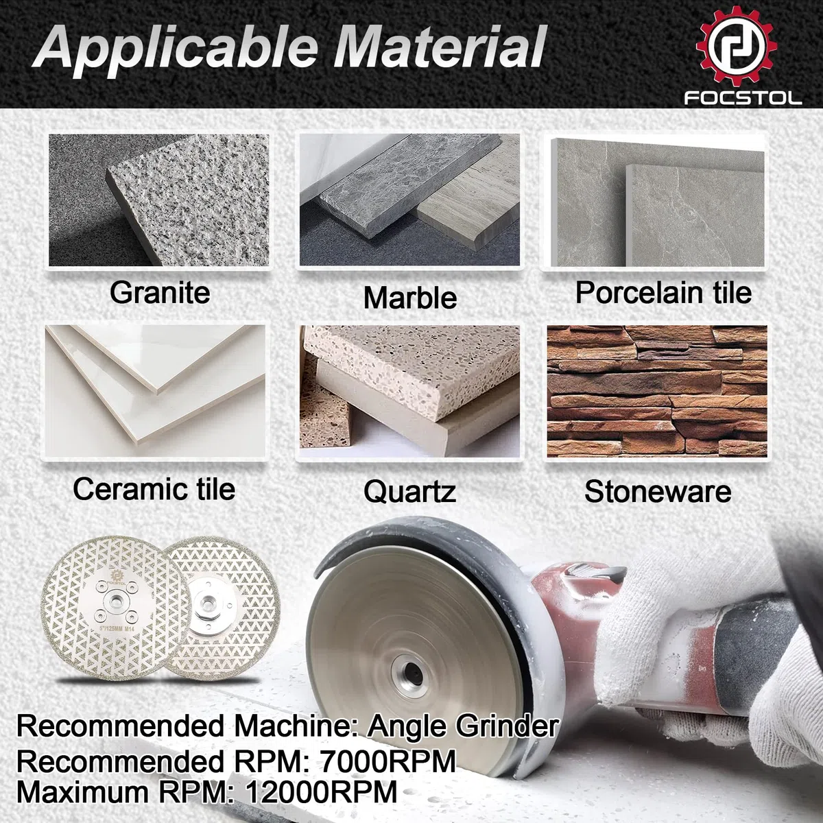 FOCSTOL Disco Diamantato 125mm - Elettrolitico Doppio lato Taglio Macinazione Lama Diamantata per Granito Marmo Porcellana Piastrelle Ceramica Quarzo M14 Filettatura