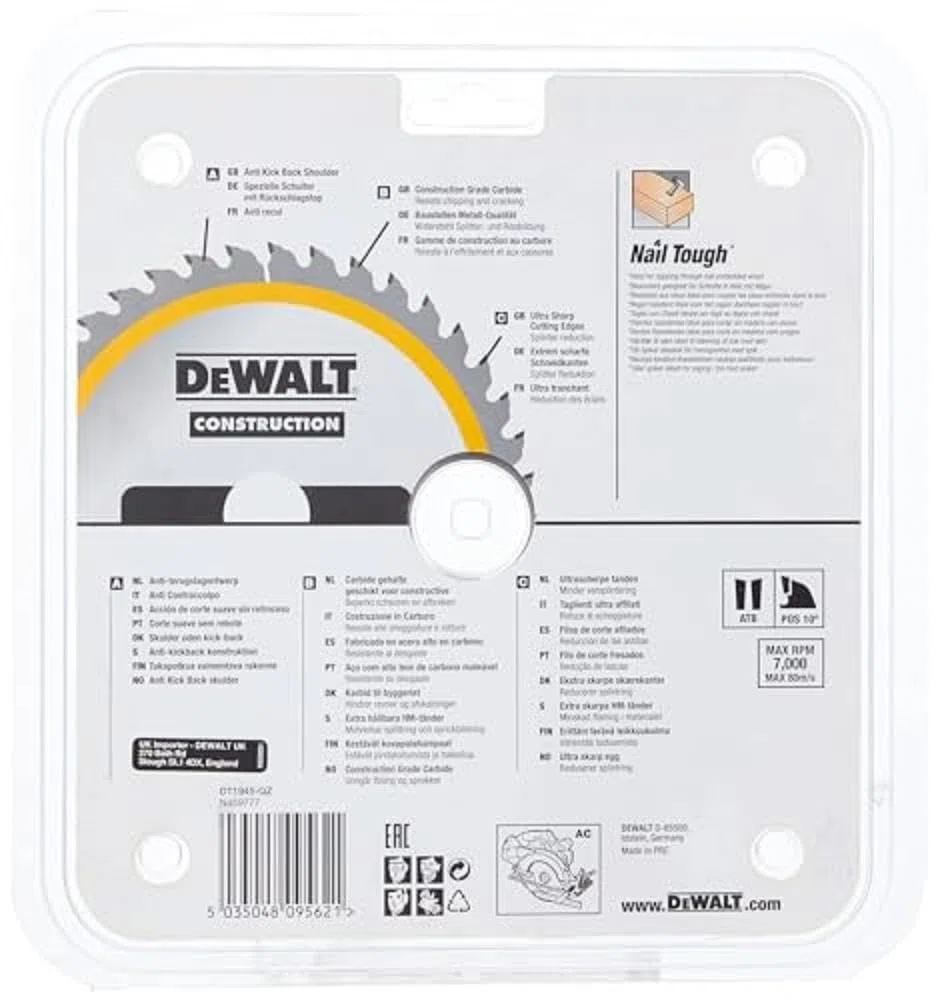 DEWALT DT1945-QZ Lama Circolare per Seghe Portatili Edilizia, 190 x 30 mm, 40 Denti