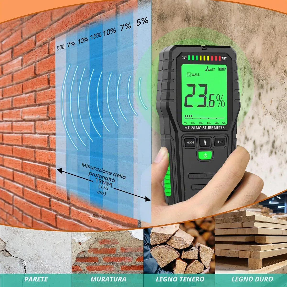 Misuratore di Umidità del Legno, Igrometro Digitale Professionale Rilevatore di Umidità per Legni, Muri e Pavimenti Tester di umidità Tester (MT28)