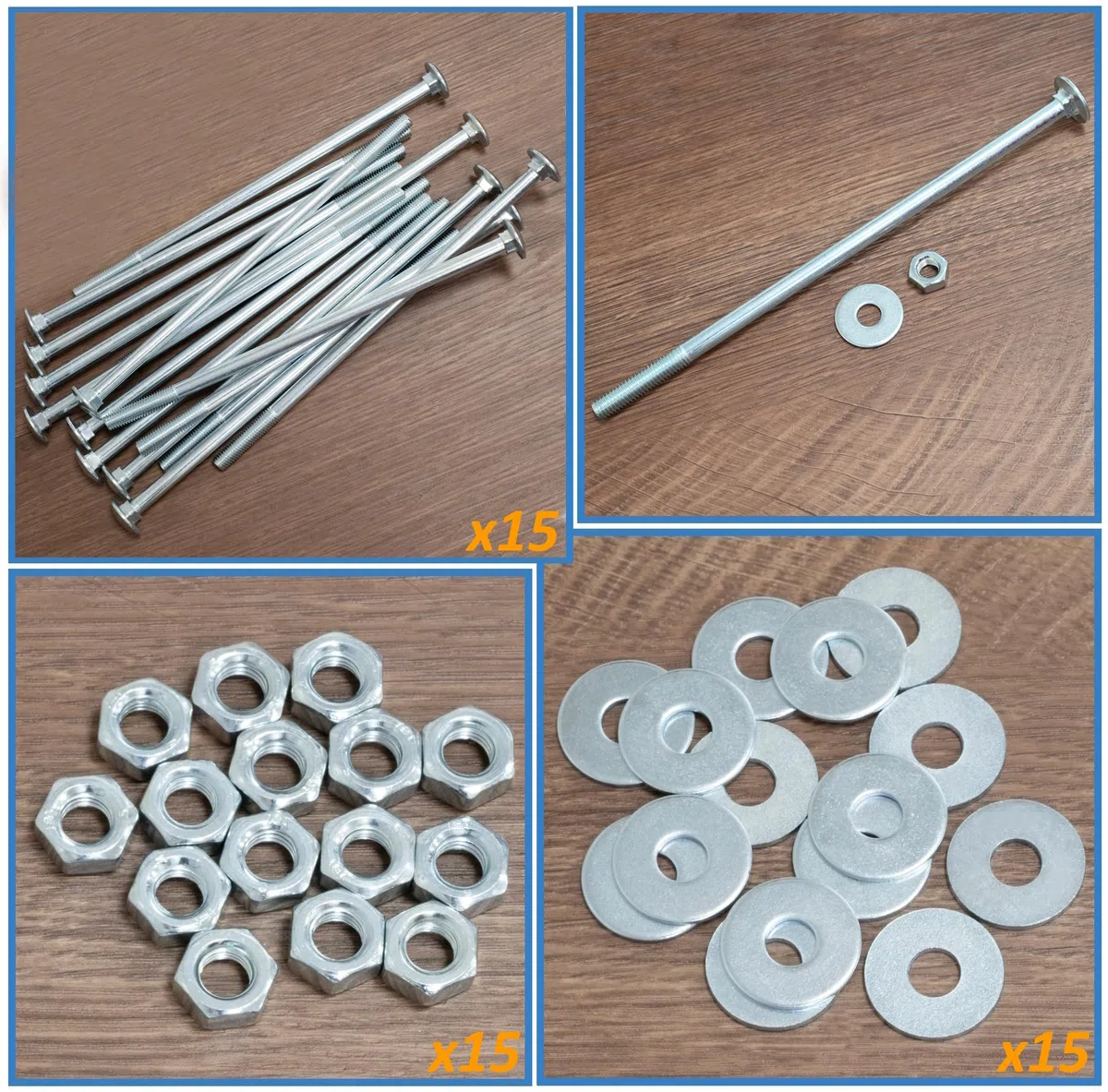 AERZETIX Set di 15 bulloni viti a testa tonda con quadro sottotesta M8x200mm / rondelle e dadi M8 / acciaio zincato/per fissaggio e assemblaggio